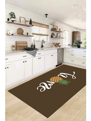Evdeya Home Yazılı Ananas Desenli Yıkanabilir Kaymaz Mutfak Halısı, Mutfak-31-Kahve,