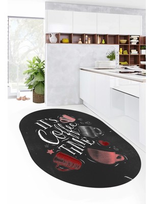 Evdeya Coffee Yazılı Renkli Fincan Desenli Yıkanabilir Kaymaz Oval Mutfak Halısı, O-Mutfak-44-Kırmızı,