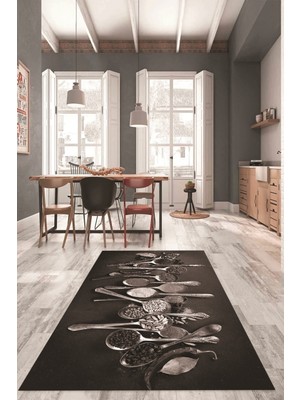 Evdeya Baharat Temalı Kaymaz Taban Yıkanabilir  Modern Mutfak Halısı, Mutfak-33-Vizon,