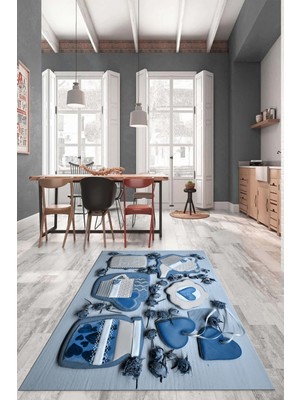Evdeya 3D Kalp Fincan Motifli Kaymaz Yıkanabilir Modern Mutfak Halısı, Mutfak-34-Mavi,