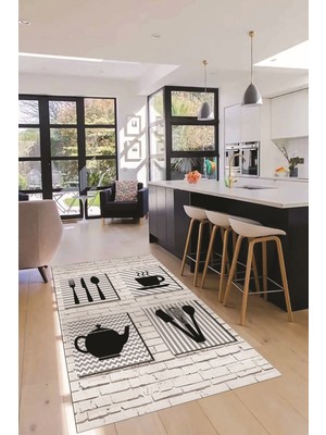 Evdeya Fincan Çatal Bıcak Desenli Yıkanabilir Kaymaz Mutfak Halısı, Mutfak-14-Siyah,