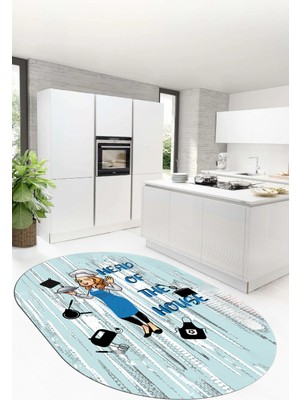 Evdeya Dijital Baskılı Kaymaz Taban Yıkanabilir Renkli Desenli Oval Mutfak Halısı, O-Mutfak-39-Mavi,