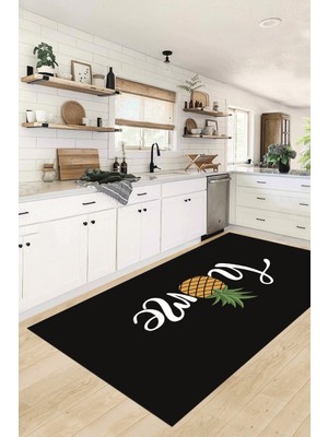 Evdeya Home Yazılı Ananas Desenli Yıkanabilir Kaymaz Mutfak Halısı, Mutfak-31-Siyah,