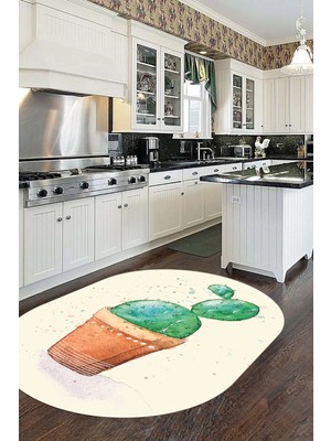 Evdeya Dijital Baskılı Kaymaz Taban Kaktüs Desenli Oval Mutfak Halısı, O-Mutfak-20-Krem,