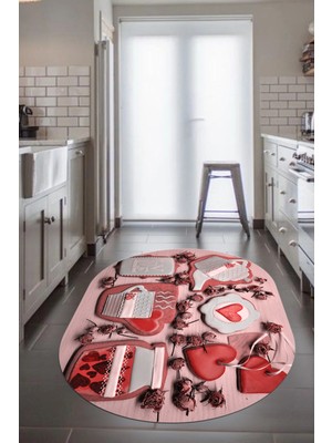 Evdeya 3D Kalp Fincan Motifli Kaymaz Yıkanabilir Modern Oval Mutfak Halısı, O-Mutfak-34-Kırmızı,