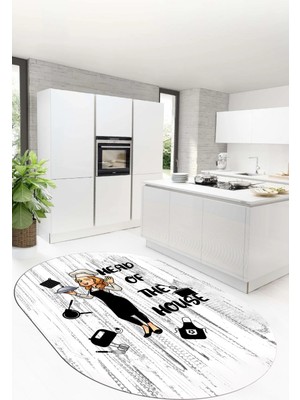 Evdeya Dijital Baskılı Kaymaz Taban Yıkanabilir Renkli Desenli Oval Mutfak Halısı, O-Mutfak-39-Beyaz,