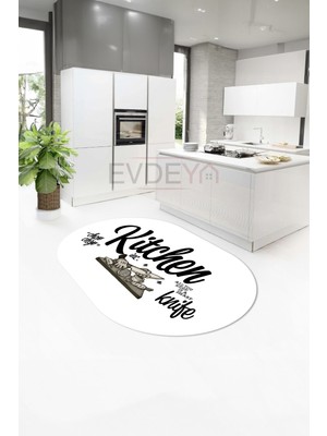 Evdeya Kitchen Yazılı Modern Kaymaz Taban Yıkanabilir Oval Mutfak Halısı, O-Mutfak-41-Beyaz,
