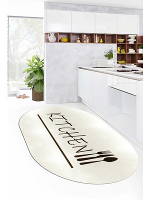 Evdeya Kitchen Yazılı Kaşık Çatal Bıçak Desenli Yıkanabilir Oval Mutfak Halısı, O-Mutfak-49-Krem,