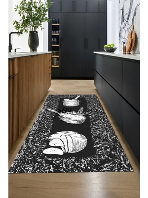Evdeya Tencere Ekmek Desenli Kaymaz Taban Yıkanabilir Mutfak Halısı, Mutfak-45-Antrasit,