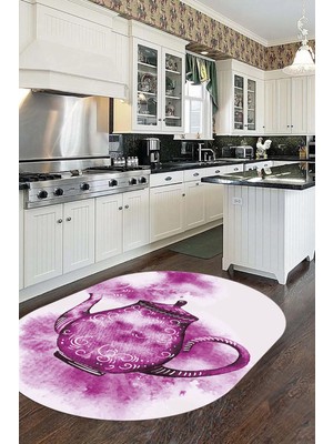 Evdeya Dijital Baskılı Kaymaz Taban Çaydanlık Desenli Oval Mutfak Halısı, O-Mutfak-23-Mor,