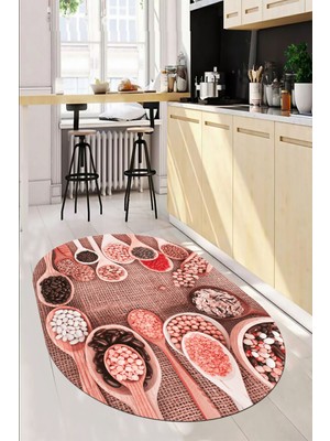 Evdeya 3D Kaşık Baharat Temalı Kaymaz Taban Yıkanabilir Oval Mutfak Halısı, O-Mutfak-29-Pembe,