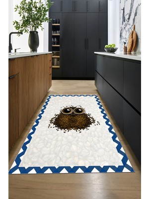 Evdeya Baykuş Desenli Çerçeveli Kaymaz Yıkanabilir Şık Mutfak Halısı, Mutfak-46-Mavi,