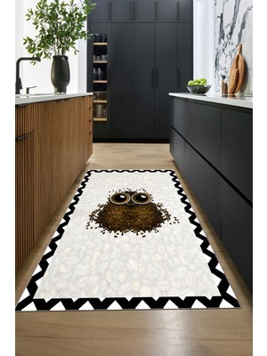 Evdeya Baykuş Desenli Çerçeveli Kaymaz Yıkanabilir Şık Mutfak Halısı, Mutfak-46-Siyah,