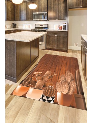 Evdeya Dijital Baskılı Kaymaz Taban Kaktüslü Çiçekli Mutfak Halısı, Mutfak-24-Kahve,