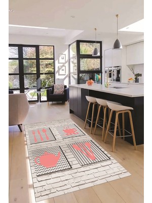 Evdeya Fincan Çatal Bıcak Desenli Yıkanabilir Kaymaz Mutfak Halısı, Mutfak-14-Pembe,