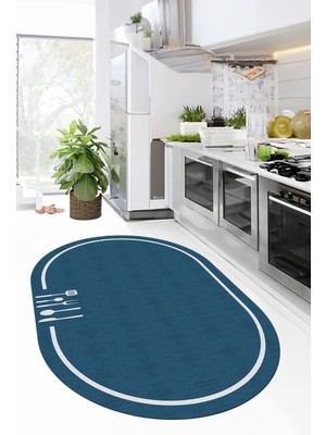 Evdeya Dijital Baskılı Kaymaz Yıkanabilir Sade Çerçeveli Oval Mutfak Halısı, O-Mutfak-06-Mavi,