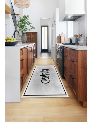 Evdeya Kitchen Yazılı Çerçeveli Kaymaz Taban Yıkanabilir Mutfak Halısı, Mutfak-42-Gri,