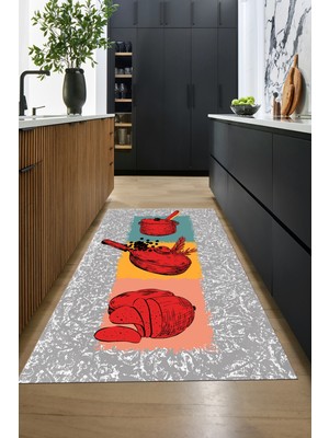 Evdeya Tencere Ekmek Desenli Kaymaz Taban Yıkanabilir Mutfak Halısı, Mutfak-45-Kırmızı,