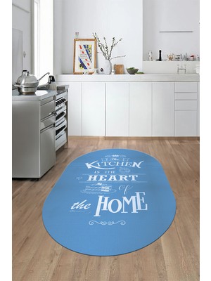 Evdeya Kitchen Home Yazılı Kaymaz Taban Yıkanabilir Oval Mutfak Halısı, O-Mutfak-15-Mavi,