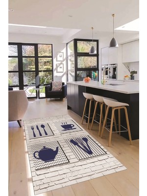 Evdeya Fincan Çatal Bıcak Desenli Yıkanabilir Kaymaz Mutfak Halısı, Mutfak-14-Mavi,