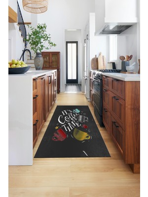 Evdeya Coffee Yazılı Renkli Fincan Desenli Yıkanabilir Kaymaz Mutfak Halısı, Mutfak-44-Antrasit,