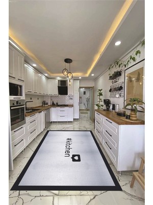 Evdeya Dijital Baskılı Yıkanabilir Kaymaz Kitchen Yazılı Çerçeveli Mutfak Halısı, Mutfak-02-Mavi,