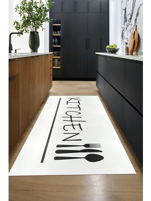 Evdeya Kitchen Yazılı Kaşık Çatal Bıçak Desenli Yıkanabilir Mutfak Halısı, Mutfak-49-Beyaz,