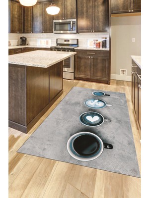 Evdeya Dijital Baskılı Kaymaz Taban Kahve Fincan Desenli Mutfak Halısı, Mutfak-22-Mavi,