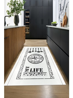 Evdeya Dijital Baskılı Kaymaz Taban Yıkanabilir Renkli Modern Mutfak Halısı, Mutfak-50-Beyaz,