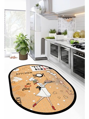 Evdeya Dijital Baskılı Yıkanabilir Kaymaz Kitchen Yazılı Aşçı Oval Mutfak Halısı, O-Mutfak-03-Turuncu,