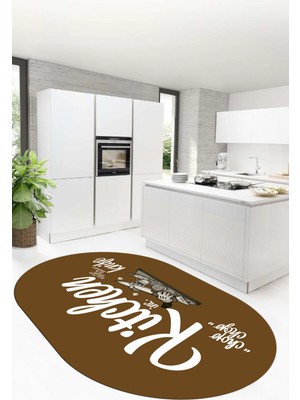 Evdeya Kitchen Yazılı Modern Kaymaz Taban Yıkanabilir Oval Mutfak Halısı, O-Mutfak-41-Kahve-Beyaz,