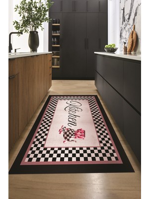 Evdeya Dijital Baskılı Kaymaz Taban Yıkanabilir Kitchen Yazılı Mutfak Halısı, Mutfak-48-Pembe,
