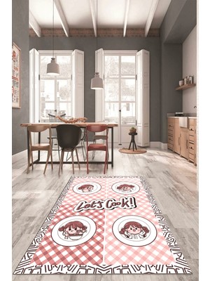 Evdeya Lets Cook Yazılı Yıkanabilir Kaymaz Taban Modern Mutfak Halısı, Mutfak-36-Pembe,