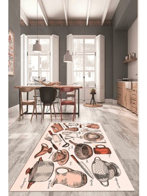 Evdeya Tencere Fincan Bıçak Tabak Bardak Desenli Yıkanabilir Mutfak Halısı, Mutfak-35-Turuncu,