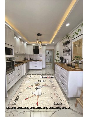 Evdeya Dijital Baskılı Yıkanabilir Kaymaz Kitchen Yazılı Aşçı Mutfak Halısı, Mutfak-03-Krem,