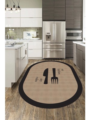 Evdeya Jüt Görünümlü Çatal Bıçak Desenli Yıkanabilir Oval Mutfak Halısı, O-Mutfak-09-Kahve,