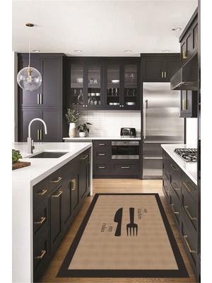 Evdeya Jüt Görünümlü Çatal Bıçak Desenli Yıkanabilir Mutfak Halısı, Mutfak-09-Kahve,