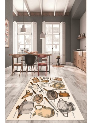 Evdeya Tencere Fincan Bıçak Tabak Bardak Desenli Yıkanabilir Mutfak Halısı, Mutfak-35-Kahve,