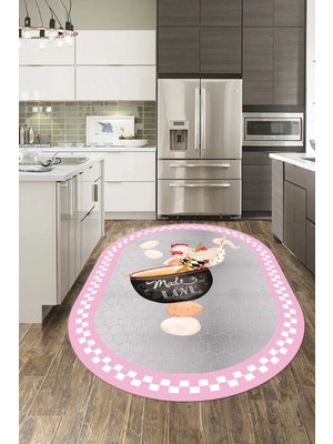 Evdeya Aşçı Horoz Desenli Yıkanabilir Kaymaz Taban Oval Mutfak Halısı, O-Mutfak-08-Pembe,
