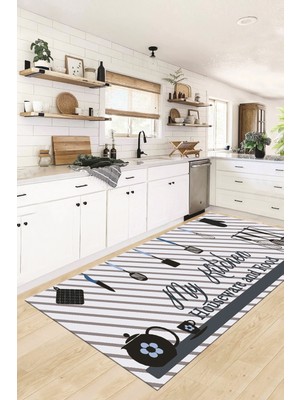 Evdeya Mutfak Araçları Desenli Yıkanabilir Kaymaz Mutfak Halısı, Mutfak-32-Mavi,