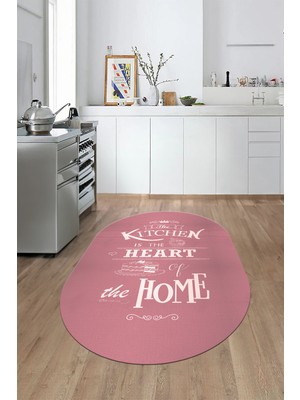 Evdeya Kitchen Home Yazılı Kaymaz Taban Yıkanabilir Oval Mutfak Halısı, O-Mutfak-15-Pembe,