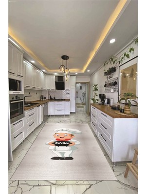 Evdeya Kitchen Yazılı Aşçı Motifli Kaymaz Taban Yıkanabilir Mutfak Halısı, Mutfak-05-Gri,