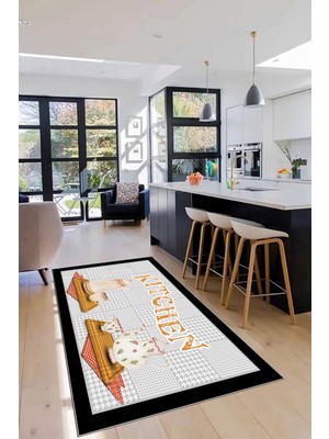 Evdeya Dijital Baskılı Kaymaz Taban Kitchen Yazılı Modern Mutfak Halısı, Mutfak-18-Gri,