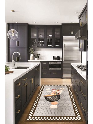 Evdeya Aşçı Horoz Desenli Yıkanabilir Kaymaz Taban Mutfak Halısı, Mutfak-08-Kahve,