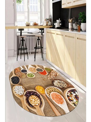 Evdeya 3D Kaşık Baharat Temalı Kaymaz Taban Yıkanabilir Oval Mutfak Halısı, O-Mutfak-29-Renkli,