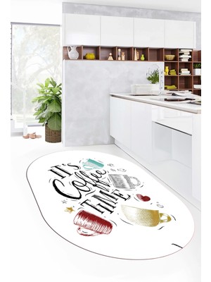 Evdeya Coffee Yazılı Renkli Fincan Desenli Yıkanabilir Kaymaz Oval Mutfak Halısı, O-Mutfak-44-Beyaz,