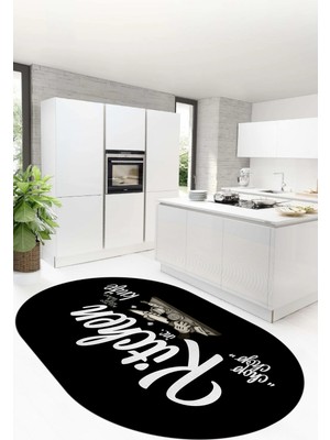 Evdeya Kitchen Yazılı Modern Kaymaz Taban Yıkanabilir Oval Mutfak Halısı, O-Mutfak-41-Siyah,