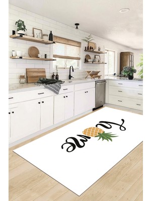 Evdeya Home Yazılı Ananas Desenli Yıkanabilir Kaymaz Mutfak Halısı, Mutfak-31-Beyaz,