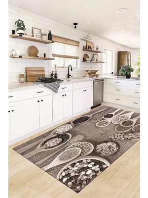 Evdeya 3D Kaşık Baharat Temalı Kaymaz Taban Yıkanabilir Mutfak Halısı, Mutfak-29-Vizon,