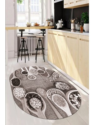 Evdeya 3D Kaşık Baharat Temalı Kaymaz Taban Yıkanabilir Oval Mutfak Halısı, O-Mutfak-29-Vizon,